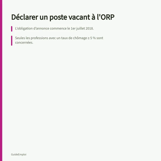 Déclarer un poste vacant à l'ORP: L’obligation d’annonce commence le 1er juillet 2018.; Seules les professions avec un taux de chômage ≥ 5 % sont concernées.; Le poste doit être annoncé en exclusivité pendant 5 jours ouvrables sur Job-Room. Déclarer un poste vacant à l'ORP : obligations et procédure en Suisse