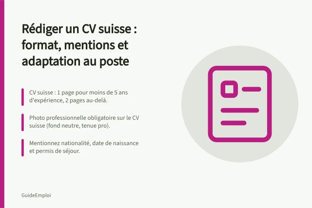 Rédiger un CV suisse : format, mentions et adaptation au poste: CV suisse : 1 page pour moins de 5 ans d'expérience, 2 pages au-delà.; Photo professionnelle obligatoire sur le CV suisse (fond neutre, tenue pro).; Mentionnez nationalité, date de naissance et permis de séjour. Rédiger un CV suisse : format, mentions et adaptation au poste