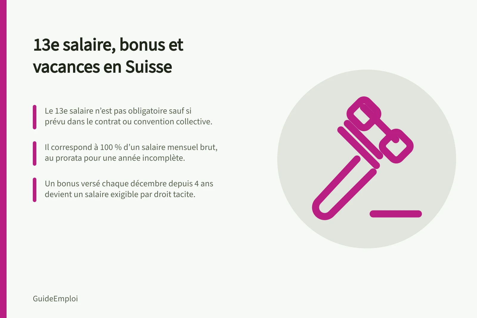 13e salaire, bonus et vacances en Suisse: Le 13e salaire n’est pas obligatoire sauf si prévu dans le contrat ou convention collective.; Il correspond à 100 % d’un salaire mensuel brut, au prorata pour une année incomplète.; Un bonus versé chaque décembre depuis 4 ans devient un salaire exigible par droit tacite.